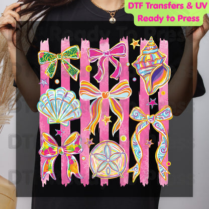 Coastal Coquette Bow DTF Transfer Ready to Press Pink Stripes Seashell Tropical Floral Heat Transfer for Shirts Summer Beach UV Sticker