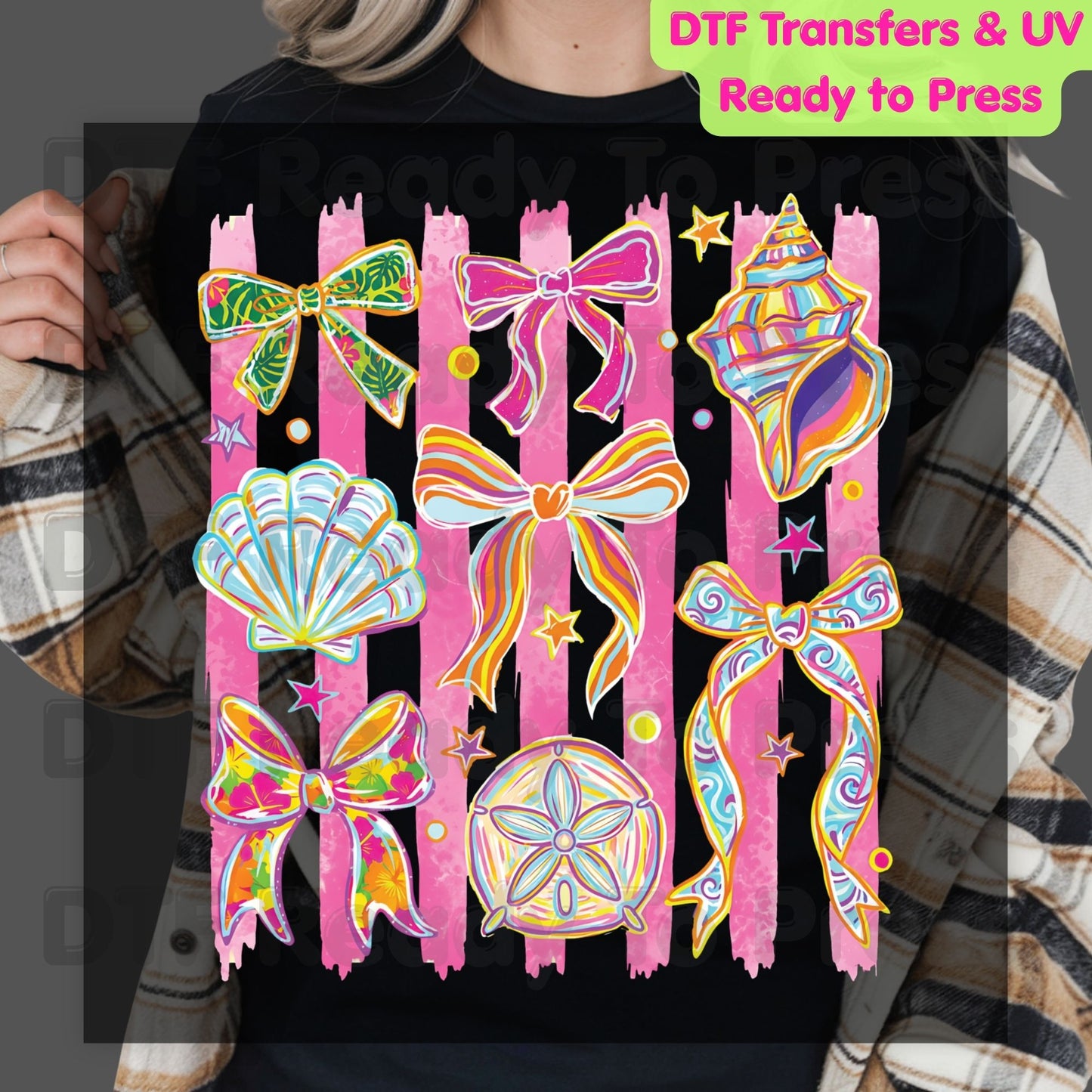 Coastal Coquette Bow DTF Transfer Ready to Press Pink Stripes Seashell Tropical Floral Heat Transfer for Shirts Summer Beach UV Sticker