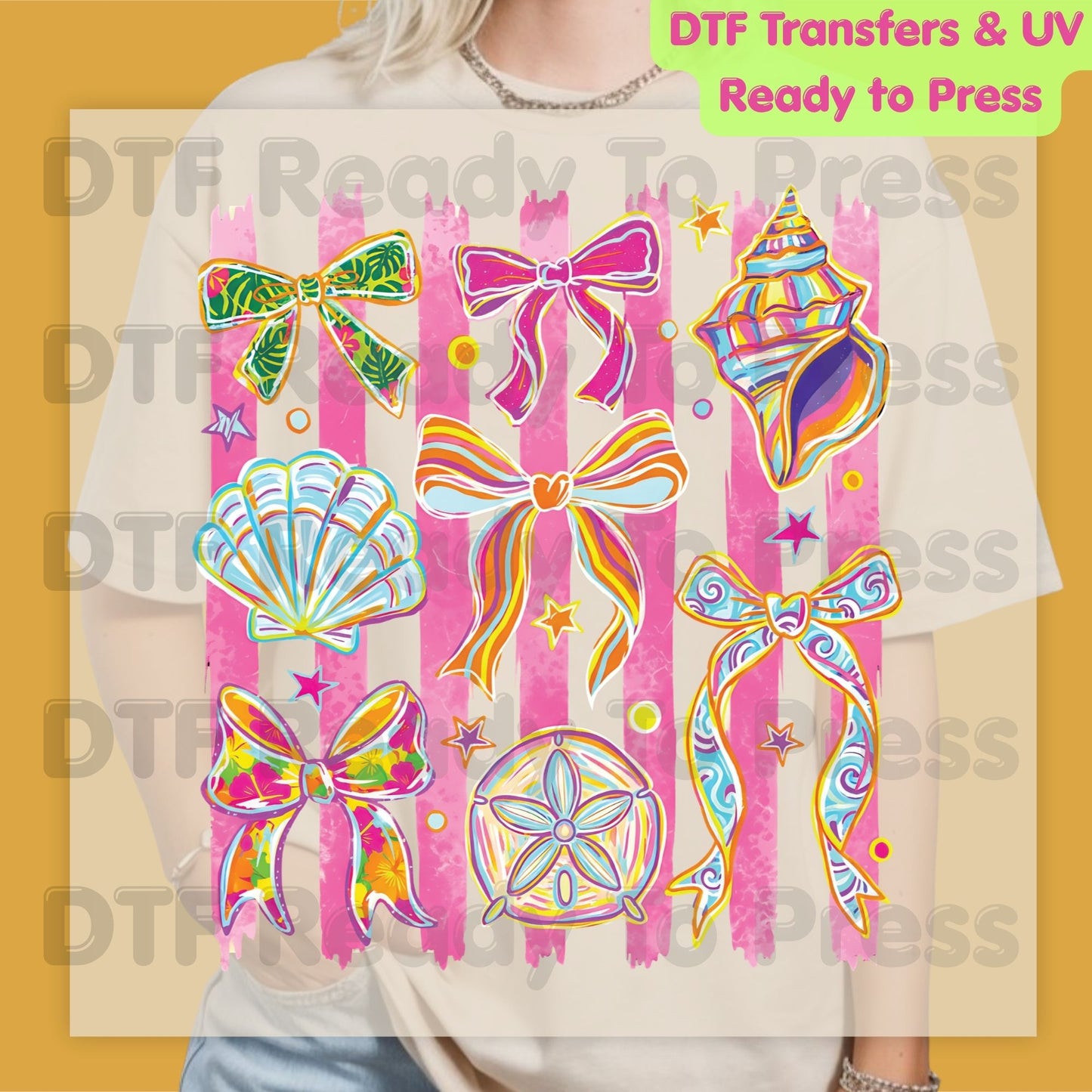 Coastal Coquette Bow DTF Transfer Ready to Press Pink Stripes Seashell Tropical Floral Heat Transfer for Shirts Summer Beach UV Sticker