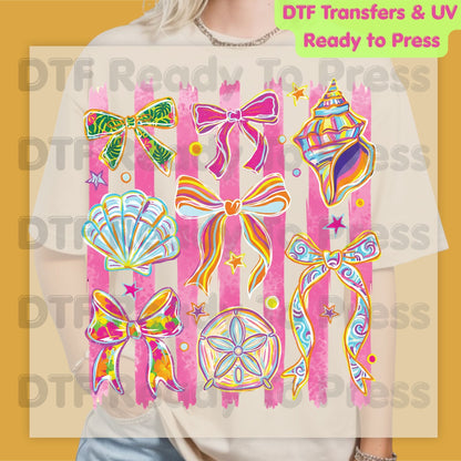 Coastal Coquette Bow DTF Transfer Ready to Press Pink Stripes Seashell Tropical Floral Heat Transfer for Shirts Summer Beach UV Sticker
