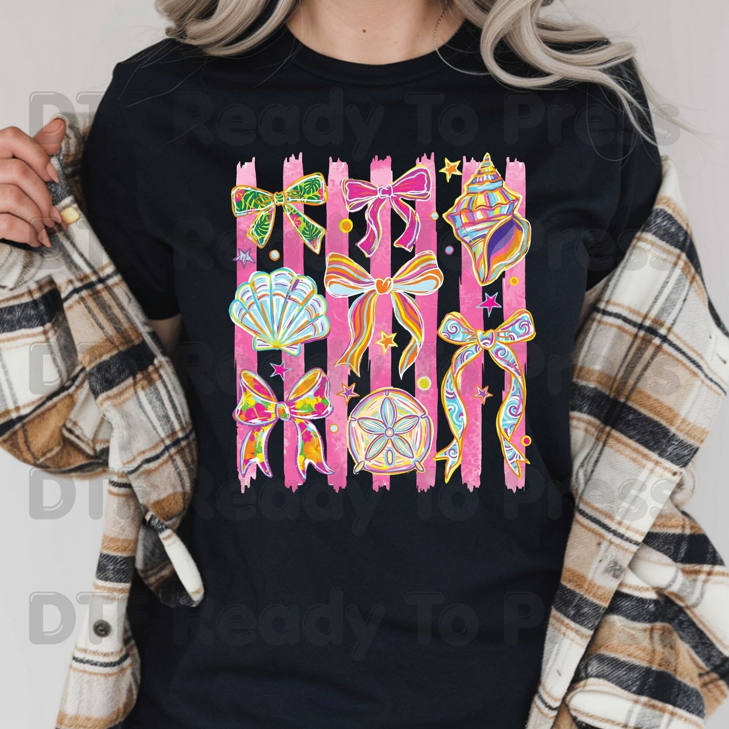 Coastal Coquette Bow DTF Transfer Ready to Press Pink Stripes Seashell Tropical Floral Heat Transfer for Shirts Summer Beach UV Sticker
