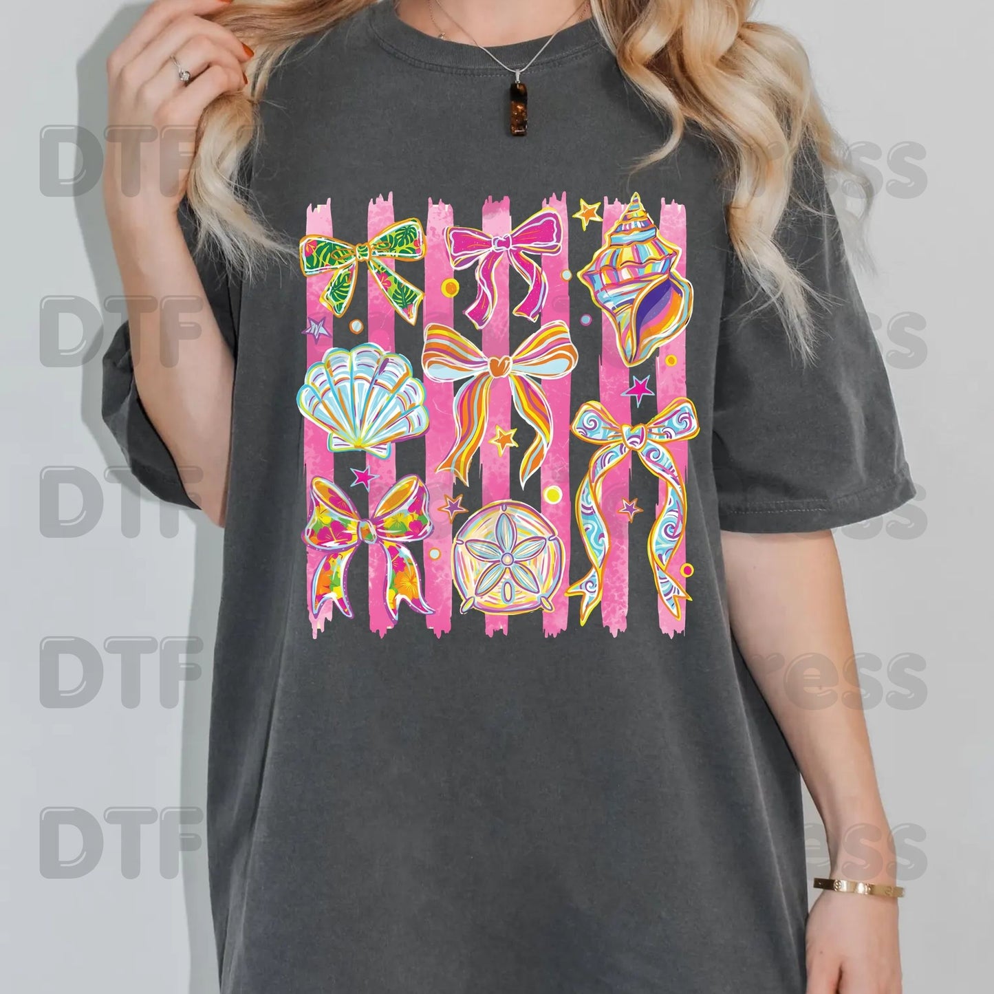 Coastal Coquette Bow DTF Transfer Ready to Press Pink Stripes Seashell Tropical Floral Heat Transfer for Shirts Summer Beach UV Sticker