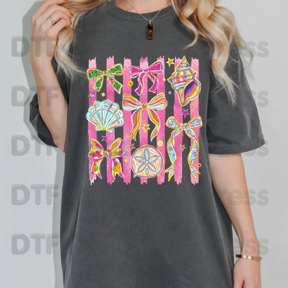 Coastal Coquette Bow DTF Transfer Ready to Press Pink Stripes Seashell Tropical Floral Heat Transfer for Shirts Summer Beach UV Sticker