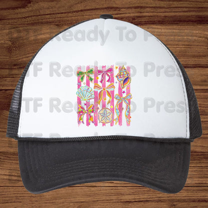 Coastal Coquette Bow DTF Transfer Ready to Press Pink Stripes Seashell Tropical Floral Heat Transfer for Shirts Summer Beach UV Sticker