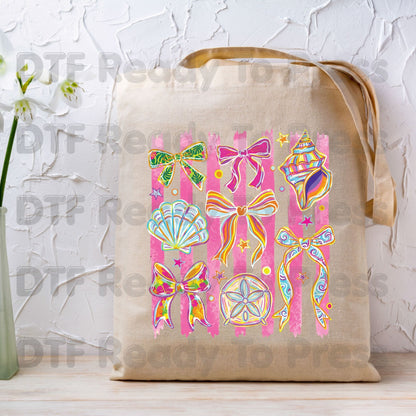 Coastal Coquette Bow DTF Transfer Ready to Press Pink Stripes Seashell Tropical Floral Heat Transfer for Shirts Summer Beach UV Sticker
