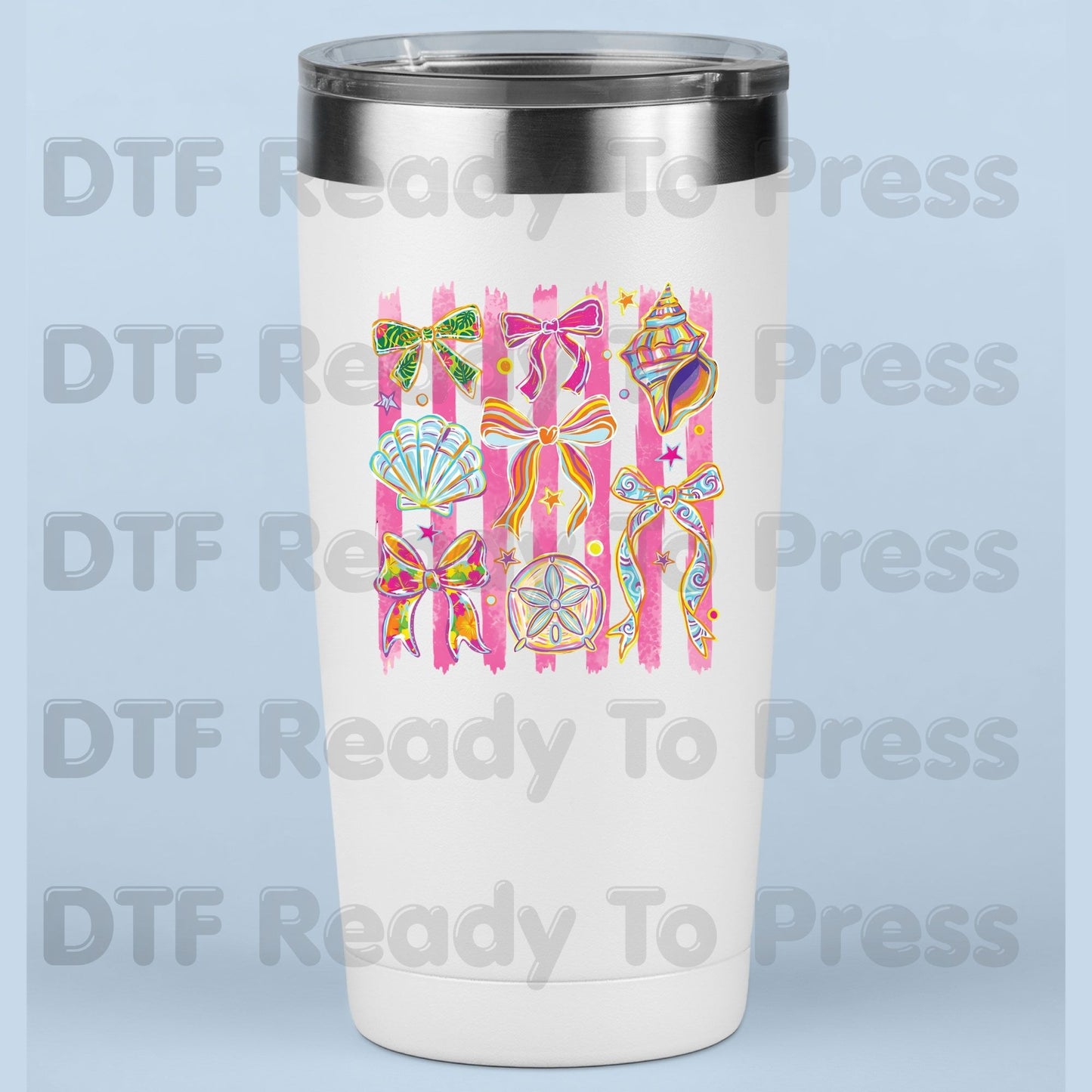 Coastal Coquette Bow DTF Transfer Ready to Press Pink Stripes Seashell Tropical Floral Heat Transfer for Shirts Summer Beach UV Sticker