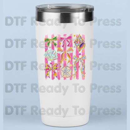 Coastal Coquette Bow DTF Transfer Ready to Press Pink Stripes Seashell Tropical Floral Heat Transfer for Shirts Summer Beach UV Sticker
