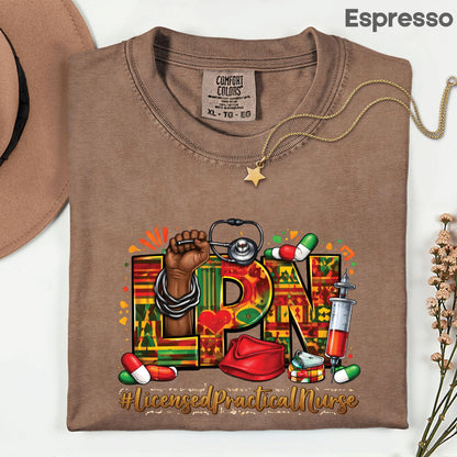 Comfort Colors® Black LPN Nurse Shirt Licensed Practical Nurse T Shirt Melanin Power Fist Kente Print For Men Women Kids Youth Tees