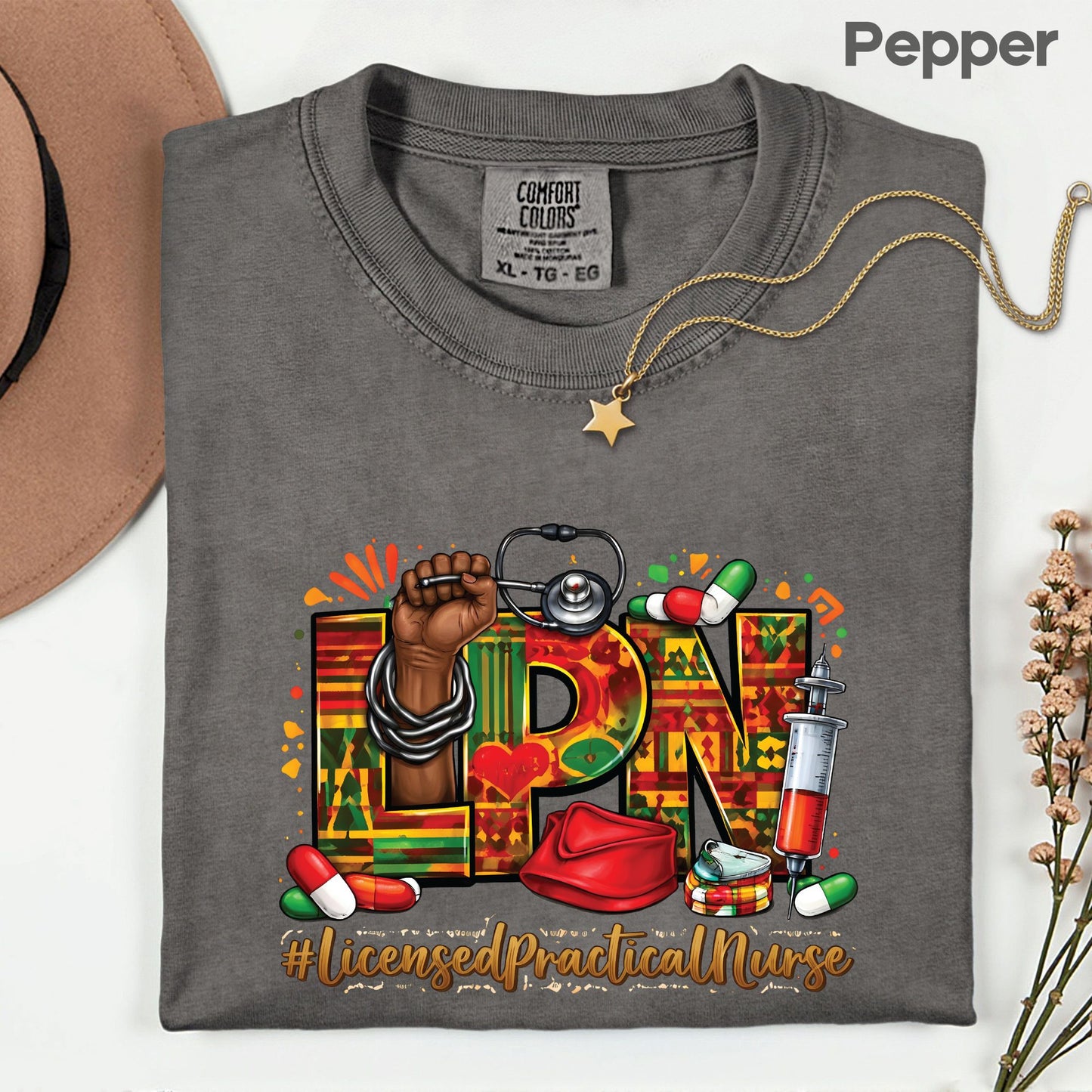 Comfort Colors® Black LPN Nurse Shirt Licensed Practical Nurse T Shirt Melanin Power Fist Kente Print For Men Women Kids Youth Tees
