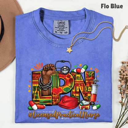 Comfort Colors® Black LPN Nurse Shirt Licensed Practical Nurse T Shirt Melanin Power Fist Kente Print For Men Women Kids Youth Tees