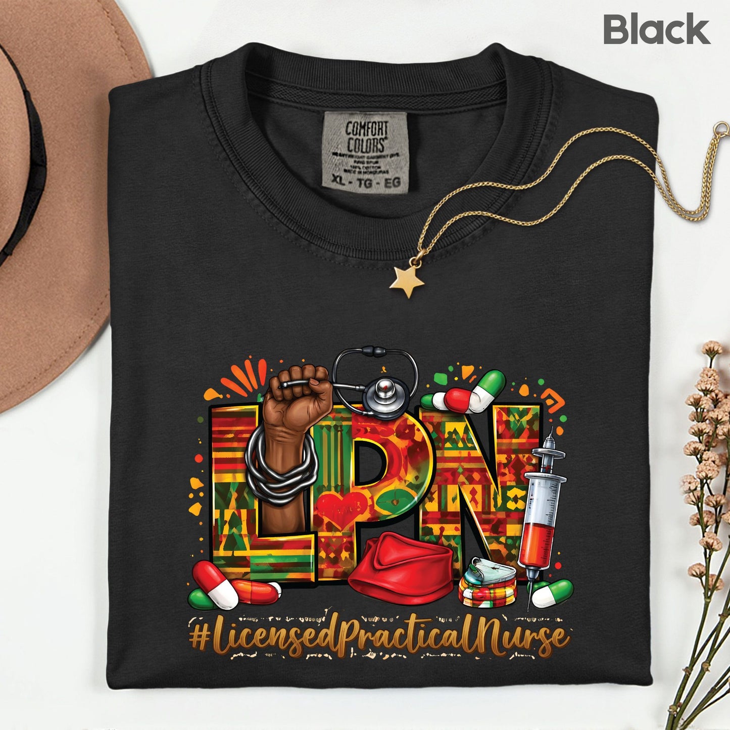 Comfort Colors® Black LPN Nurse Shirt Licensed Practical Nurse T Shirt Melanin Power Fist Kente Print For Men Women Kids Youth Tees