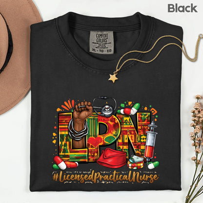 Comfort Colors® Black LPN Nurse Shirt Licensed Practical Nurse T Shirt Melanin Power Fist Kente Print For Men Women Kids Youth Tees