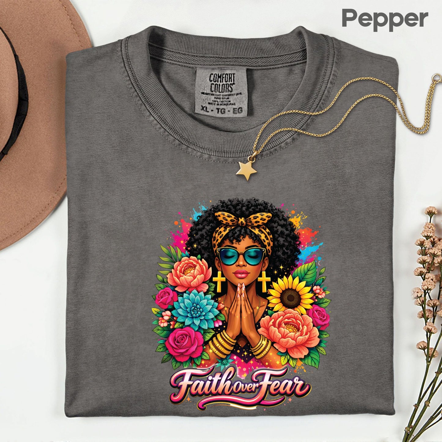 Comfort Colors® Faith Over Fear Shirt Praying Black Woman Cross Earrings Sunglasses Floral T Shirt For Men Women Kids Youth African Tees