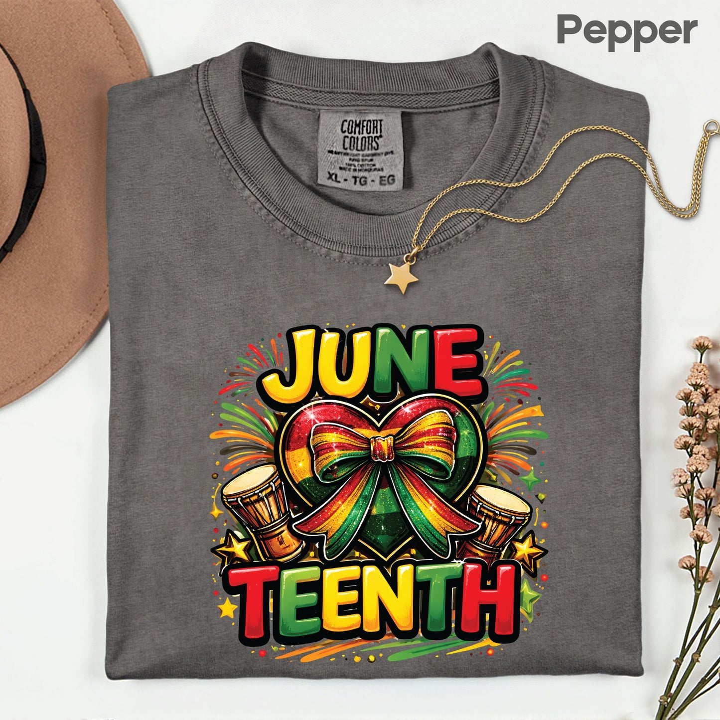 Comfort Colors® Juneteenth Shirt Heart Ribbon African Drums T Shirt Freedom Day Gifts For Men Women Kids Youth Black History Tees