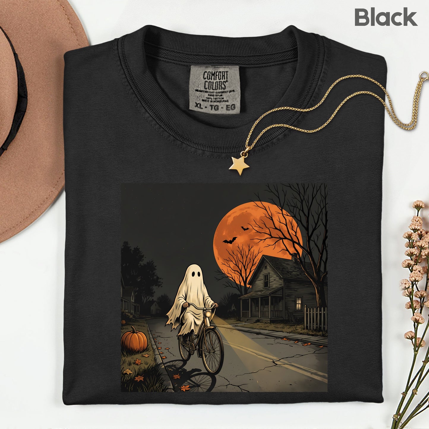 Ghost Riding Bike Halloween T-Shirt, Haunted House Orange Harvest Moon Tee Sweatshirt