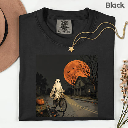 Ghost Riding Bike Halloween T-Shirt, Haunted House Orange Harvest Moon Tee Sweatshirt