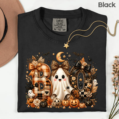 Halloween Boo Ghost T-Shirt, Cute Bows Orange Plaid Leopard Spooky Season Comfort Color Tee