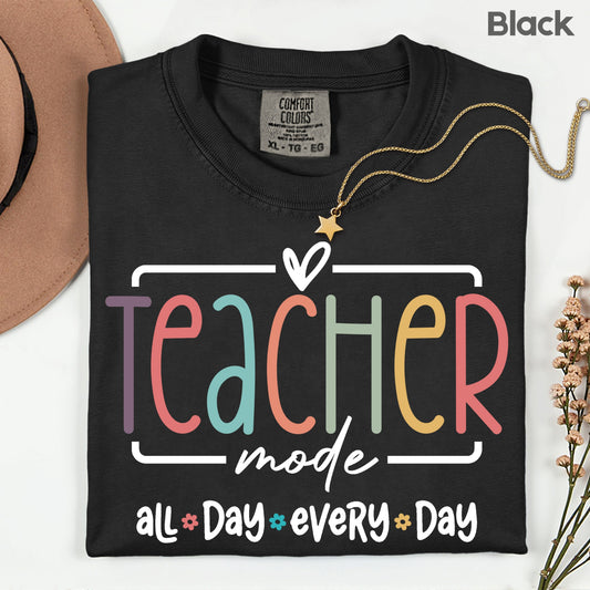 Teacher Mode All Day T-Shirt, Pastel Rainbow School Education Teacher Tee Sweatshirt