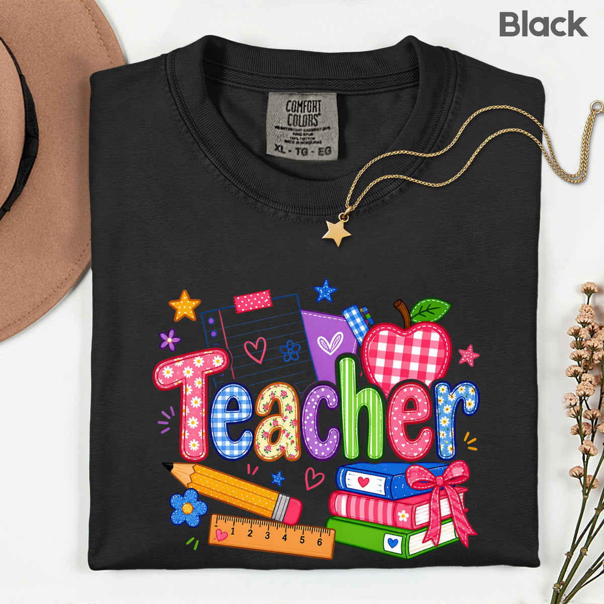 Teacher Apple Books Pencil T-Shirt, Colorful School Supplies Back to School Comfort Color Tee