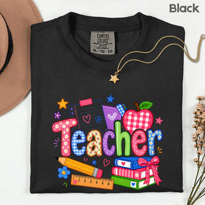 Teacher Apple Books Pencil T-Shirt, Colorful School Supplies Back to School Comfort Color Tee