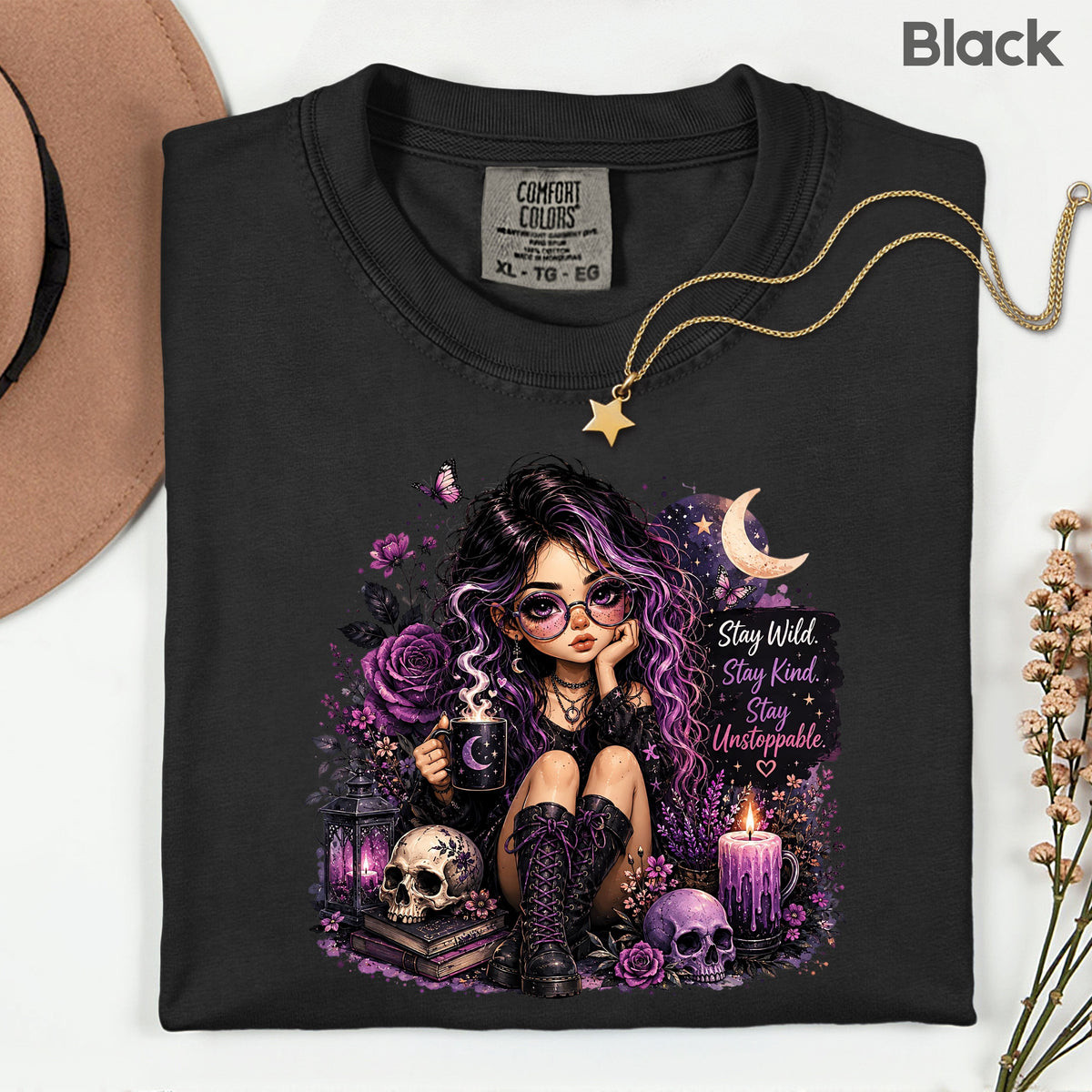 Stay Wild Stay Kind Goth Girl Skull T-Shirt, Purple Crescent Moon Witchy Tee