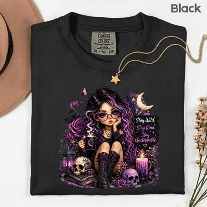 Stay Wild Stay Kind Goth Girl Skull T-Shirt, Purple Crescent Moon Witchy Tee