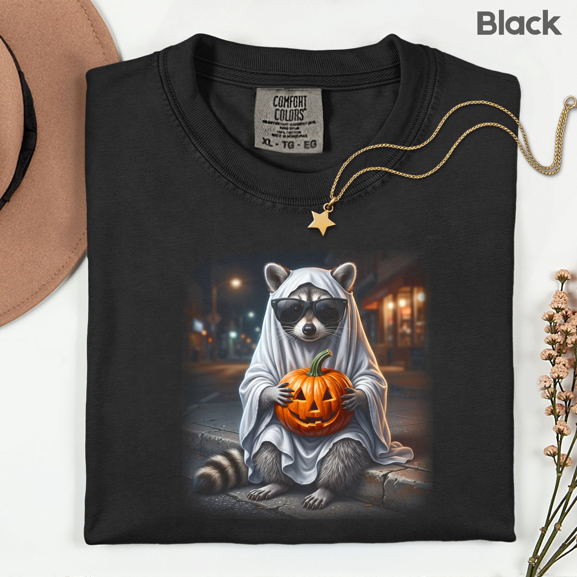 Halloween Ghost Raccoon T-Shirt, Pumpkin Trash Panda Spooky Vintage Tee