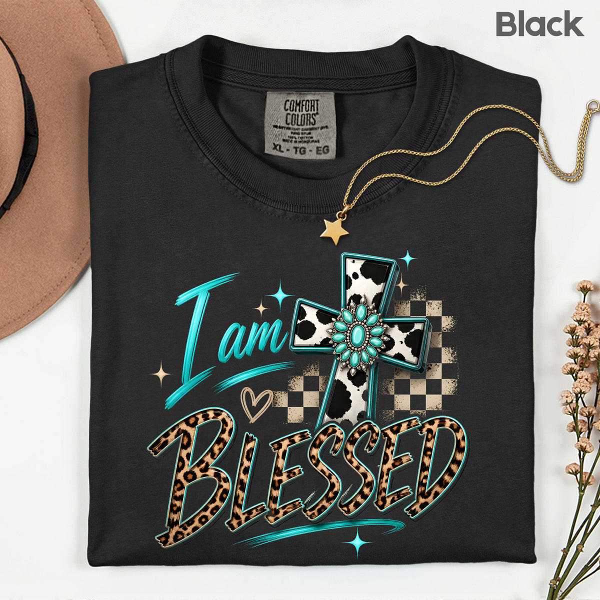 I Am Blessed Western Cross Cow Print T-Shirt, Turquoise Leopard Faith Tee