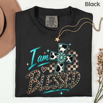 I Am Blessed Western Cross Cow Print T-Shirt, Turquoise Leopard Faith Tee