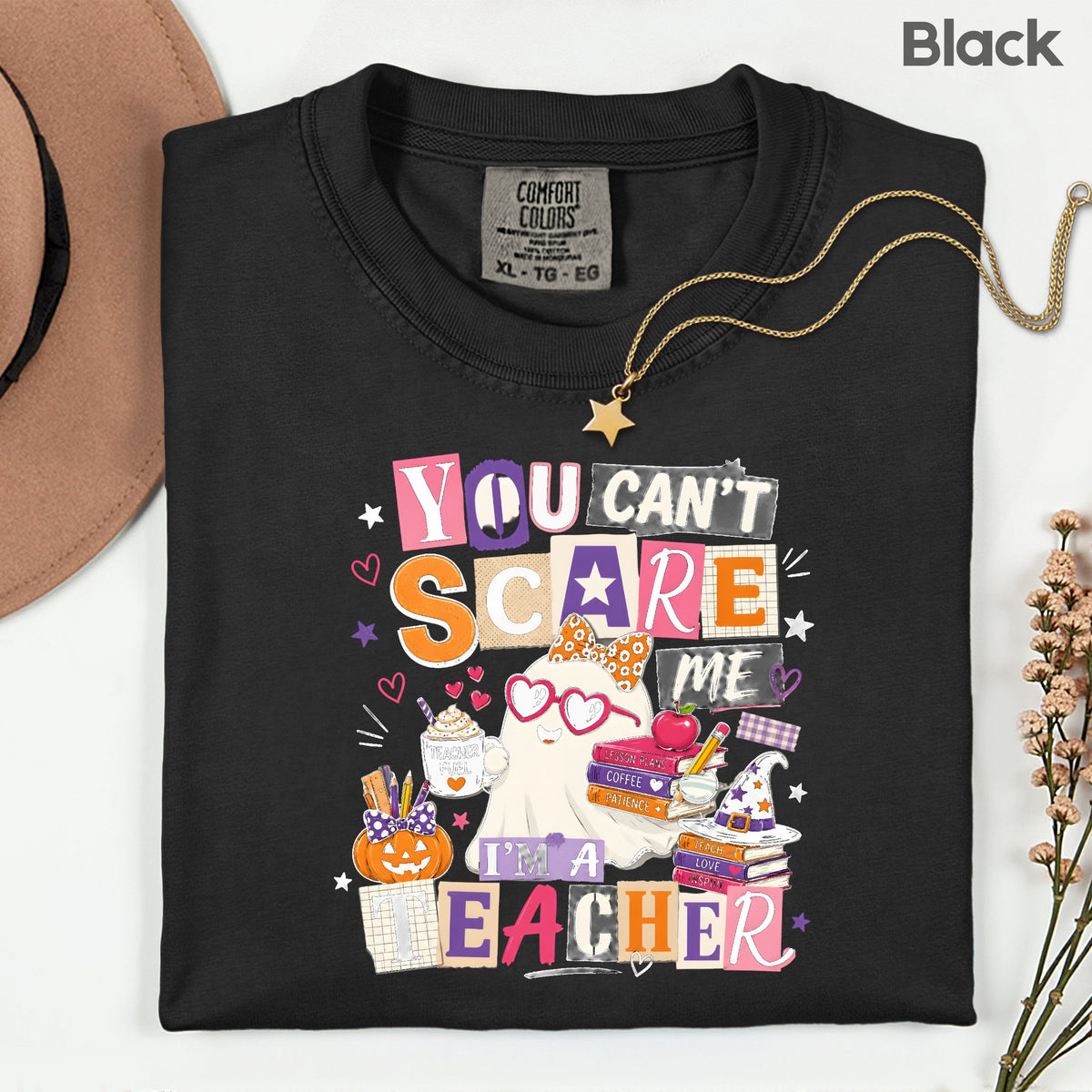 You Can't Scare Me Teacher Halloween T-Shirt, Ghost Books Coffee Comfort Color Tee