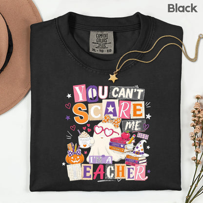 You Can't Scare Me Teacher Halloween T-Shirt, Ghost Books Coffee Comfort Color Tee