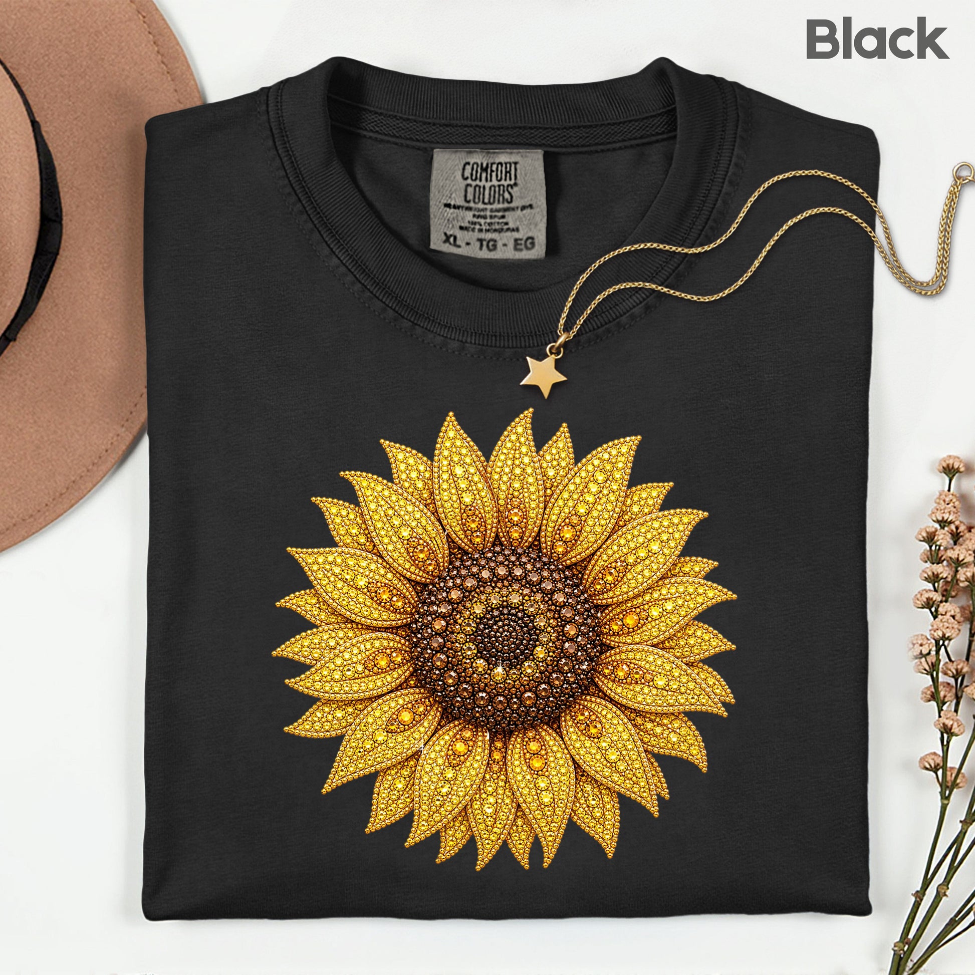 Sunflower Yellow Beaded Floral T-Shirt, Summer Fall Flower Tee