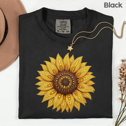 Sunflower Yellow Beaded Floral T-Shirt, Summer Fall Flower Tee