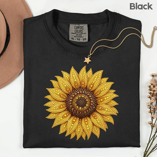 Sunflower Yellow Beaded Floral T-Shirt, Summer Fall Flower Tee