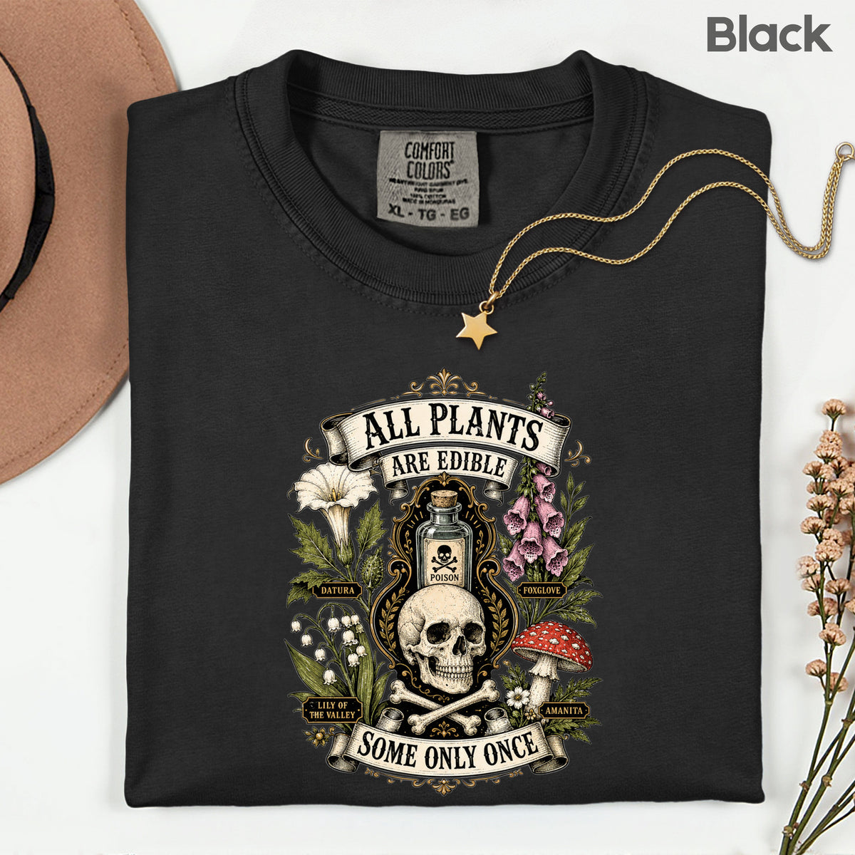 Funny Botanical All Plants Are Edible T-Shirt, Poisonous Mushroom Skull Vintage Tee