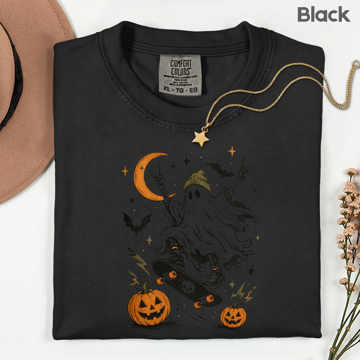 Halloween Skater Ghost Rock On T-Shirt, Skateboarding Skeleton Crescent Moon Pumpkins Bats Tee