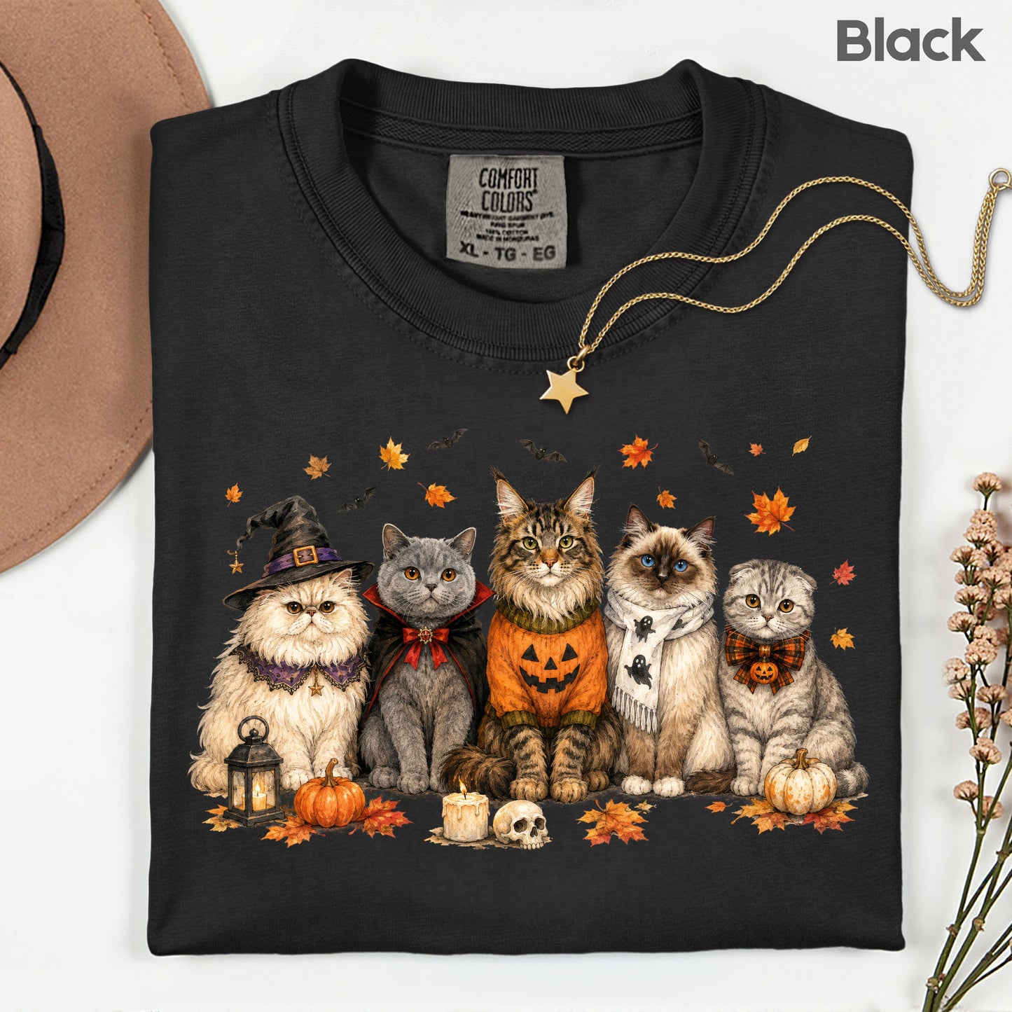 Halloween Cats Comfort Colors T Shirts Cute Witchy Kitty Sweater Tee Spooky Pumpkin Vampire Cat Shirt Autumn Fall Leaves Graphic Gifts