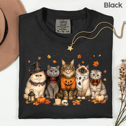 Halloween Cats Comfort Colors T Shirts Cute Witchy Kitty Sweater Tee Spooky Pumpkin Vampire Cat Shirt Autumn Fall Leaves Graphic Gifts