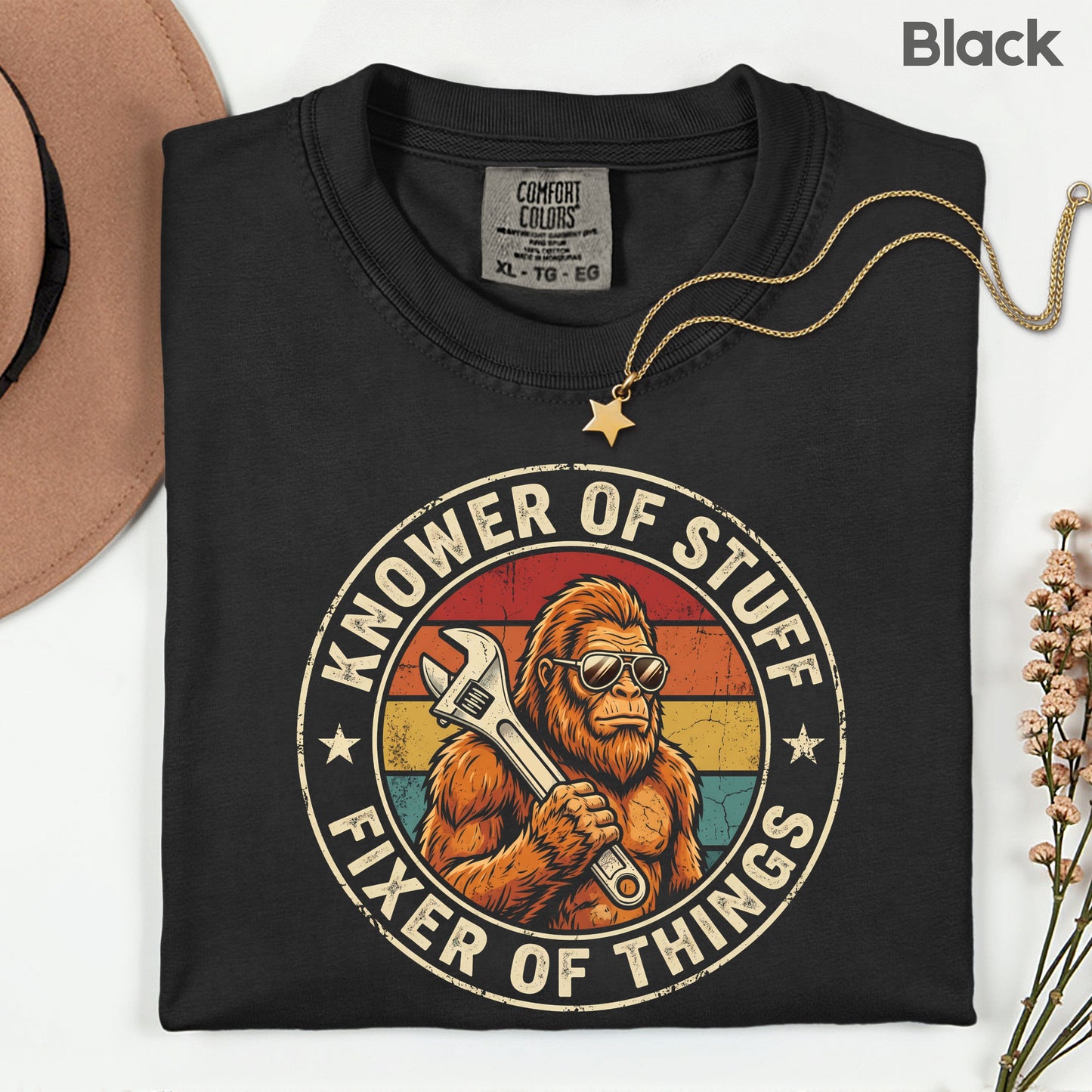 Funny Bigfoot Knower of Stuff Fixer of Things T-Shirt, Retro Sasquatch Wrench Sunglasses Dad Handyman Tee