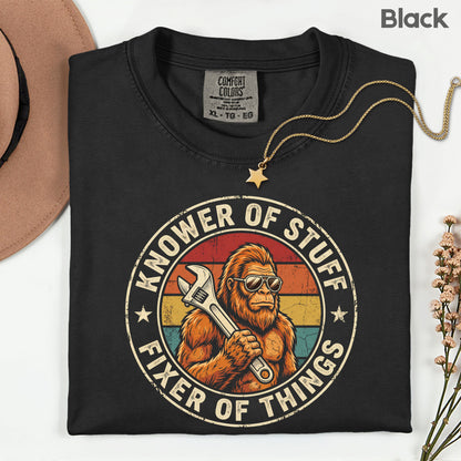 Funny Bigfoot Knower of Stuff Fixer of Things T-Shirt, Retro Sasquatch Wrench Sunglasses Dad Handyman Tee