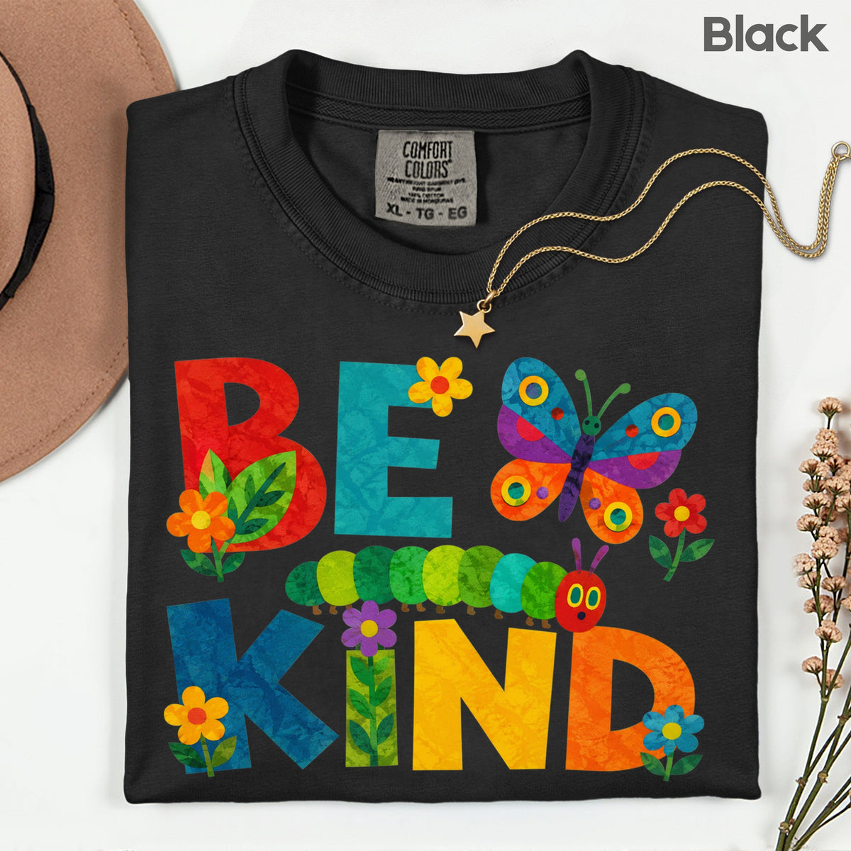 Be Kind Caterpillar Butterfly T-Shirt, Colorful Flowers Storybook Teacher Comfort Color Tee