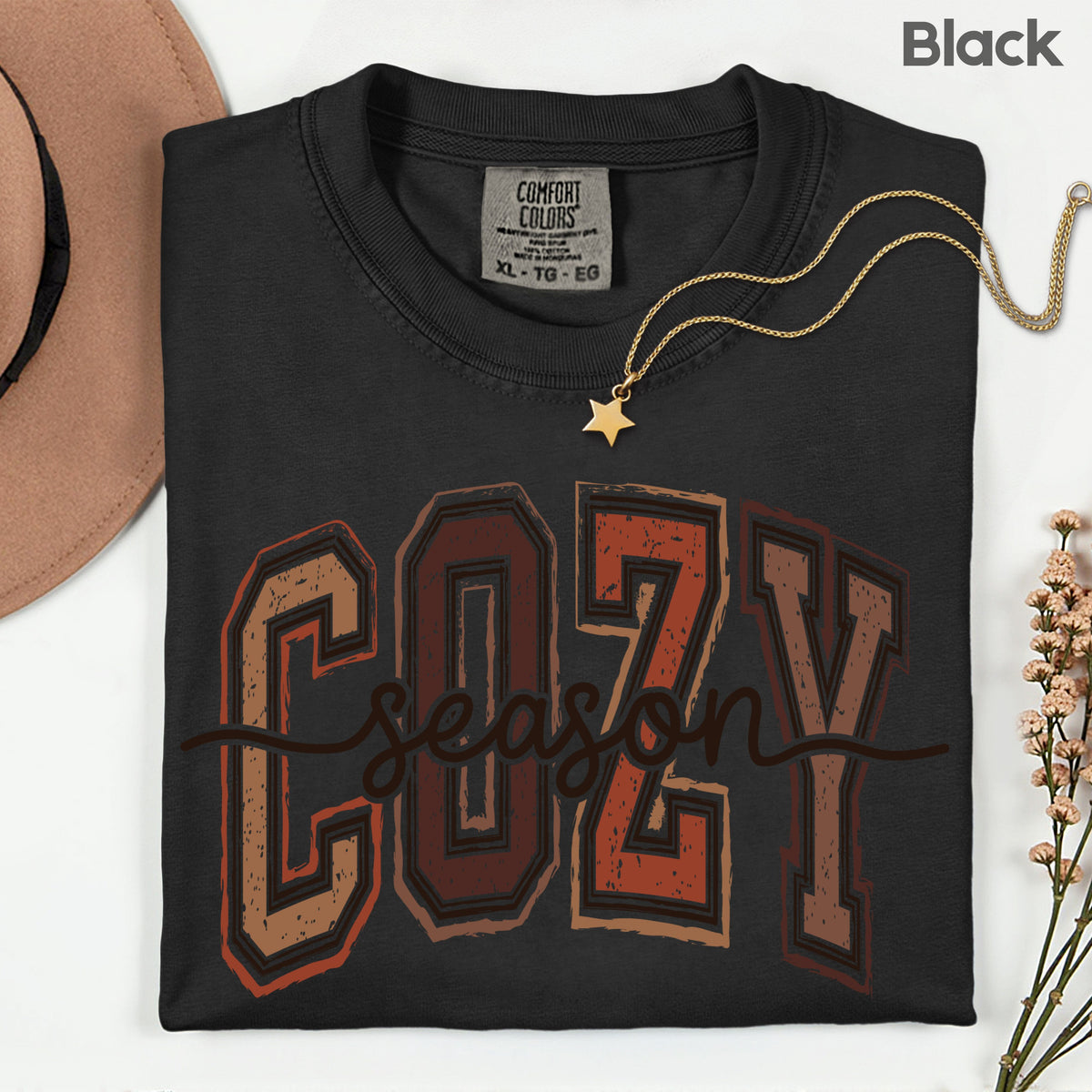 Cozy Season Fall T-Shirt, Distressed Varsity Letters Autumn Neutral Tones Tee