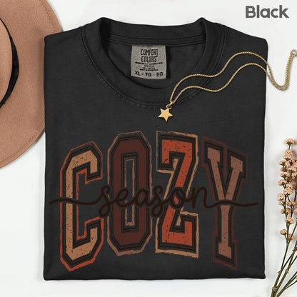 Cozy Season Fall T-Shirt, Distressed Varsity Letters Autumn Neutral Tones Tee