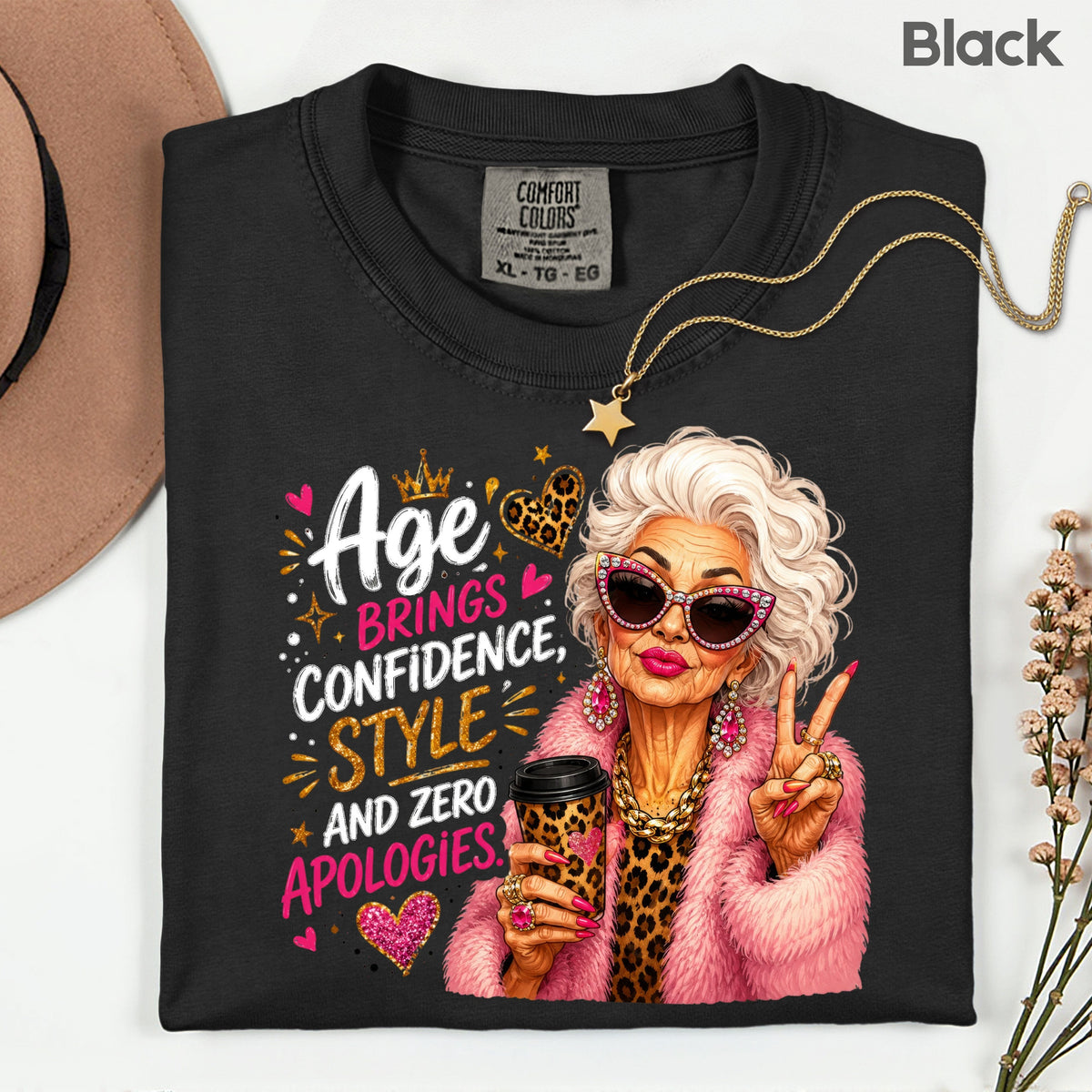 Age Brings Confidence Senior Woman T-Shirt, Fabulous Glam Leopard Coffee Comfort Color Tee