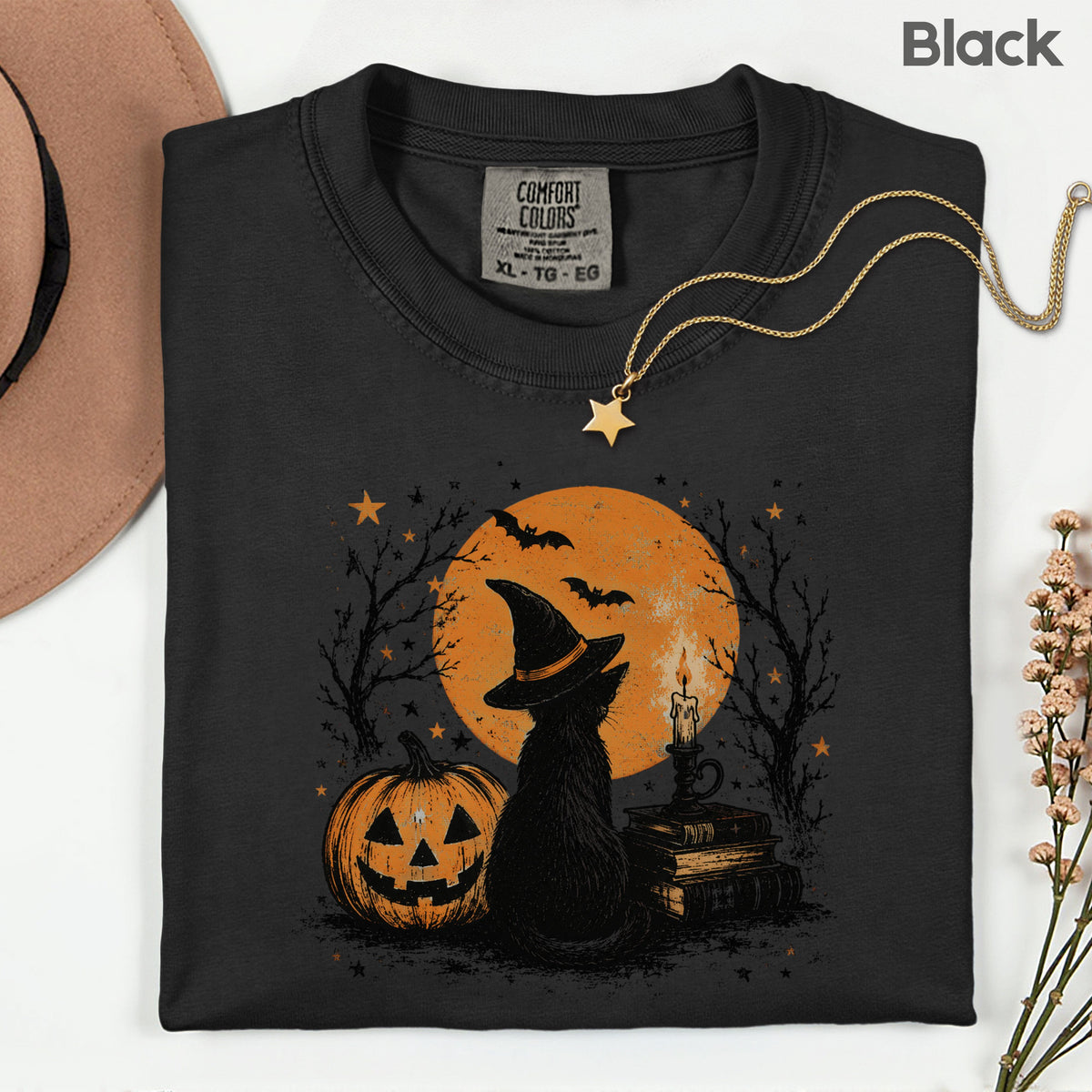 Halloween Black Cat Witch T-Shirt, Full Moon Pumpkin Spooky Vintage Books Magic Tee