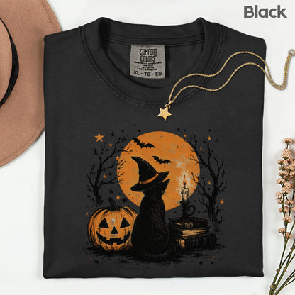 Halloween Black Cat Witch T-Shirt, Full Moon Pumpkin Spooky Vintage Books Magic Tee