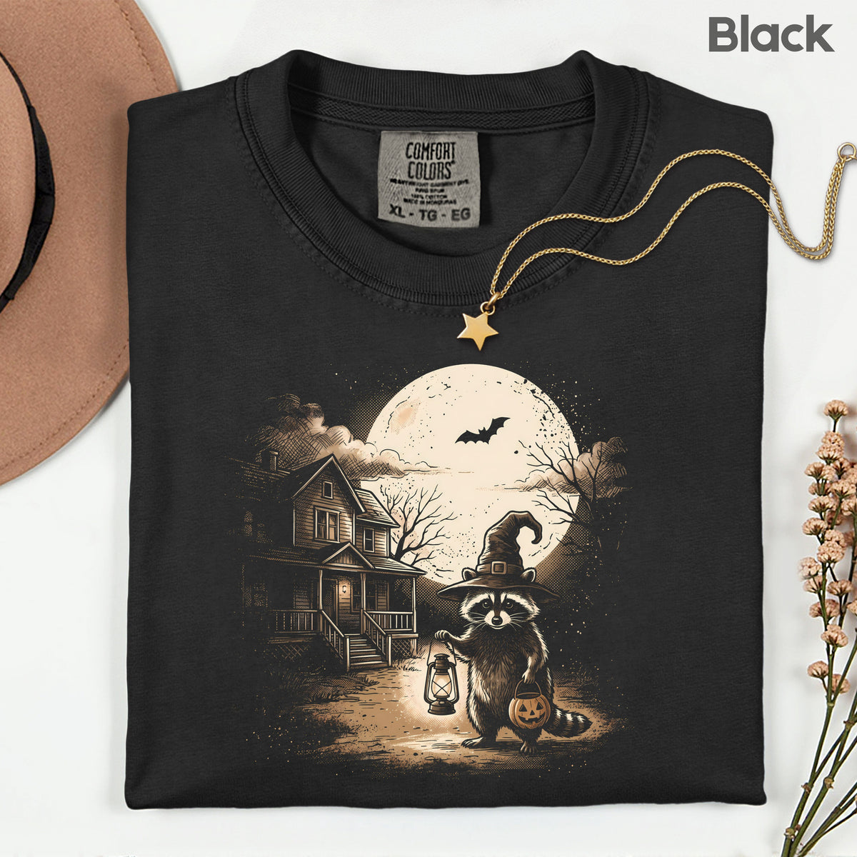 Vintage Halloween Mouse Witch T-Shirt, Full Moon Pumpkin House Sepia Trick or Treat Spooky Fall Tee