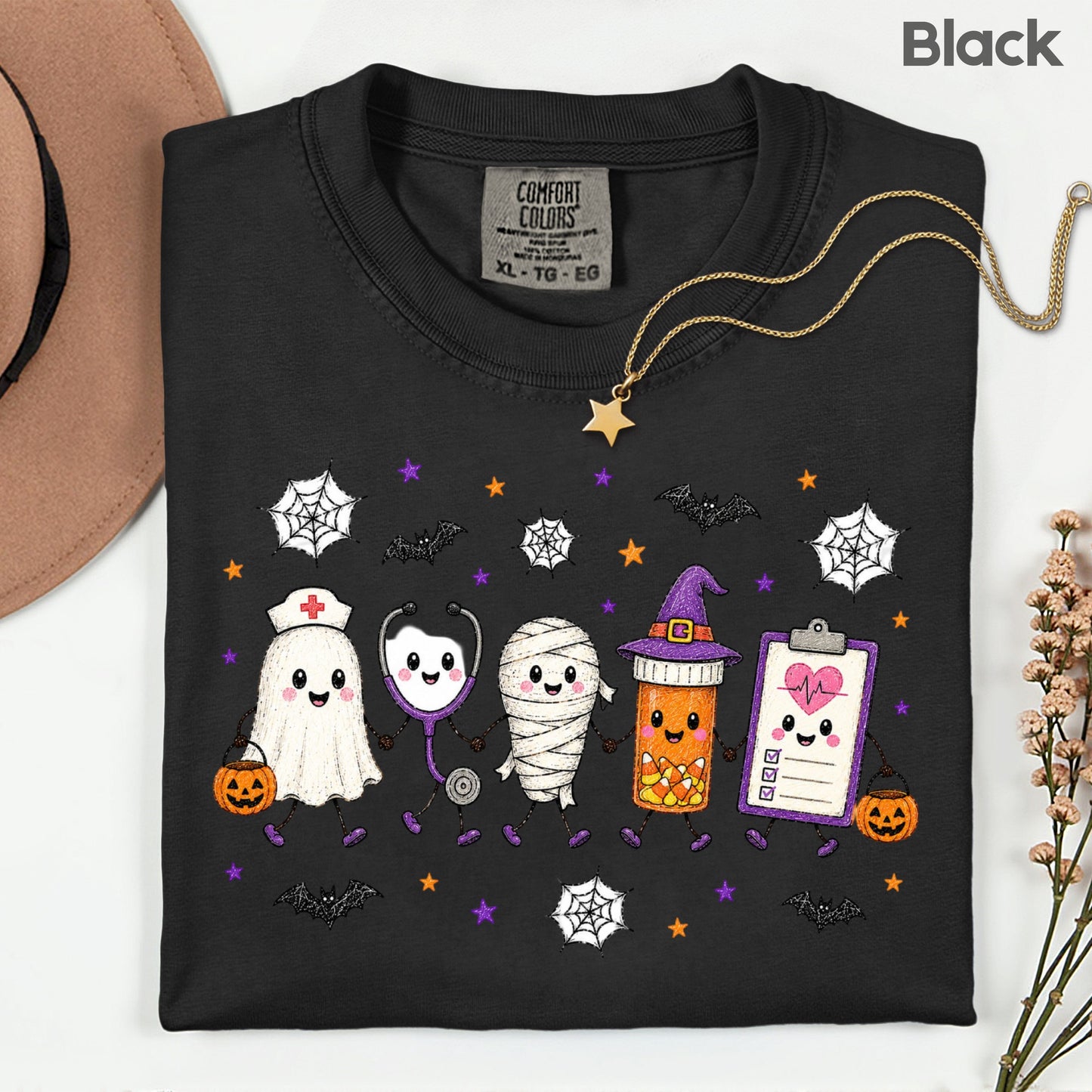 Spooky Nurse Squad Halloween Medical T-Shirt, Ghost Stethoscope Pill Bottle Tee