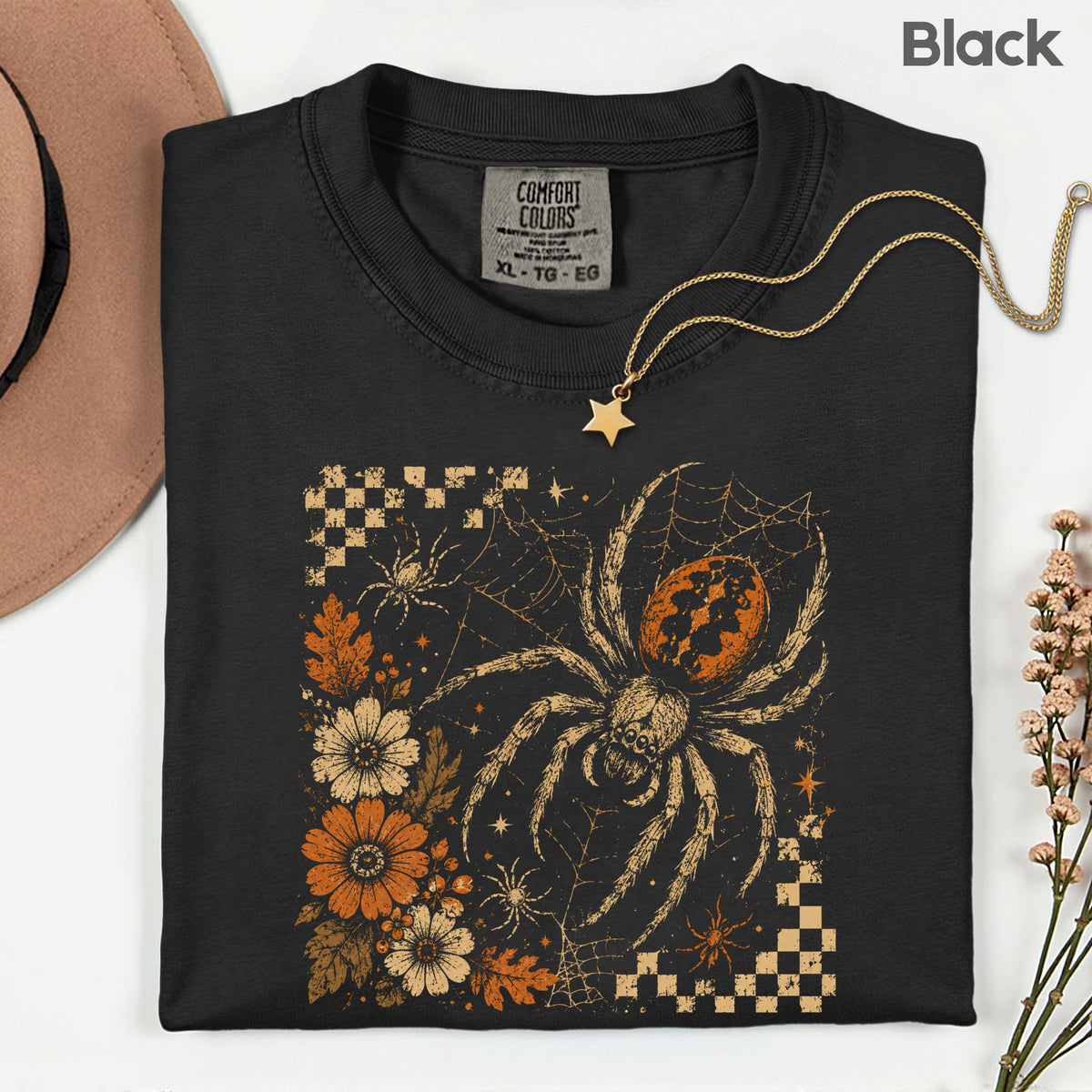 Vintage Fall Halloween Spider T-Shirt, Floral Spiderweb Checkered Spooky Season Tee
