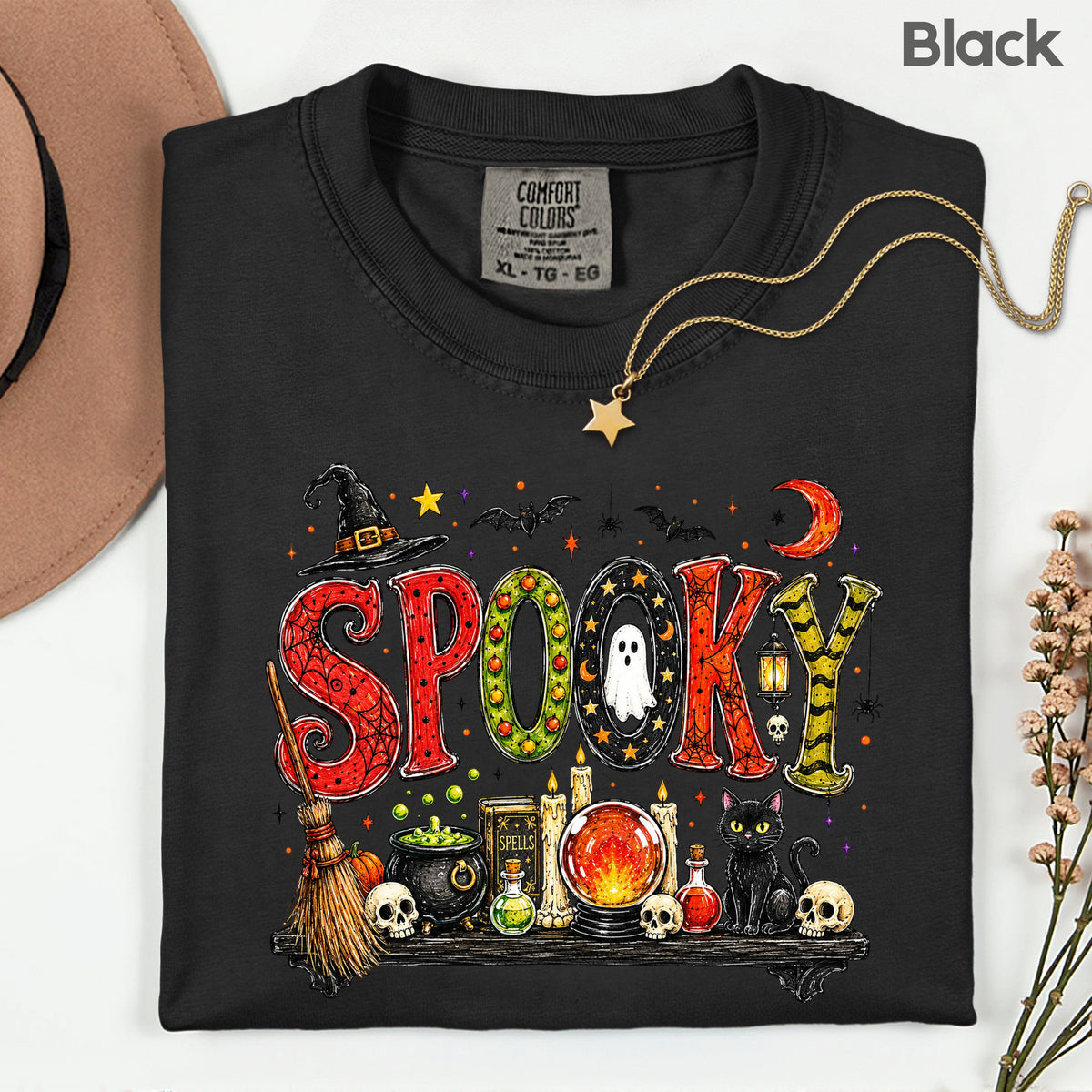Halloween Witch Shelf Black Cat T-Shirt, Crystal Ball Cauldron Potion Skull Spooky Tee